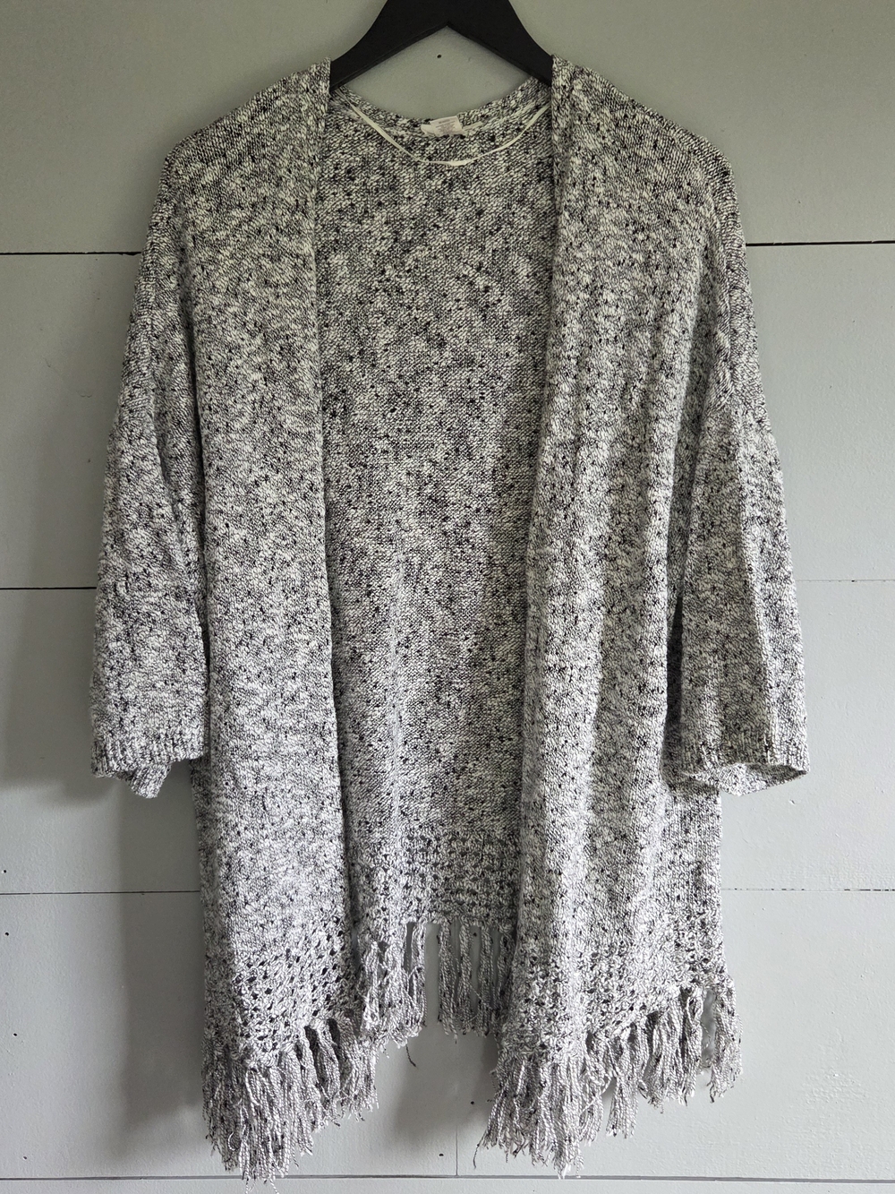 LOFT Women's XL Marled Knit Fringe Open Cardigan Sweater Gray White Black